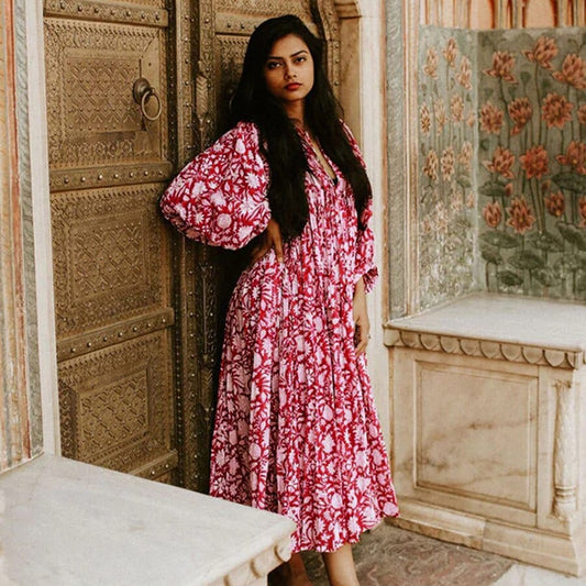 Robe mi-longue rouge à fleurs bohème à manches mi-longues Ibiza Vibe