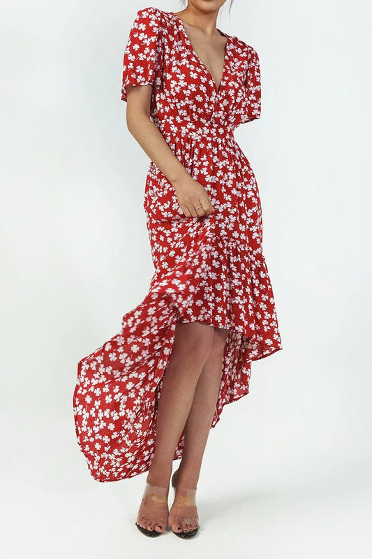 Robe mi-longue rouge à fleurs bohème Ibiza Vibe
