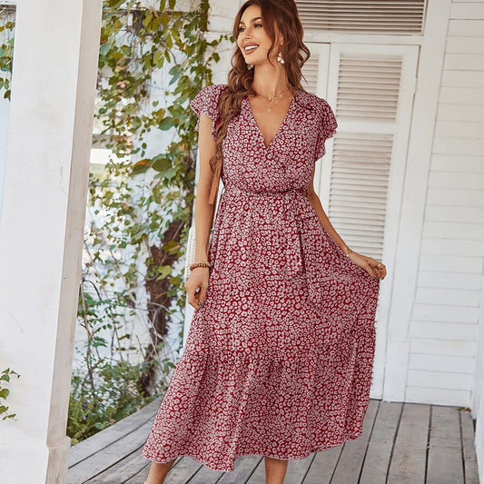 Robe mi-longue rouge style bohème avec imprimé et col en V Ibiza Vibe