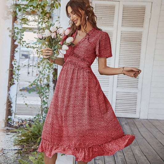 Robe mi-longue rouge vin bohème avec col en V et imprimé Ibiza Vibe