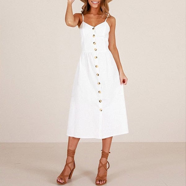 Robe midi blanche style bohème avec boutons décoratifs Ibiza Vibe