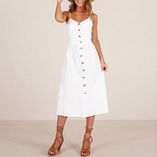Robe midi blanche style bohème avec boutons décoratifs Ibiza Vibe
