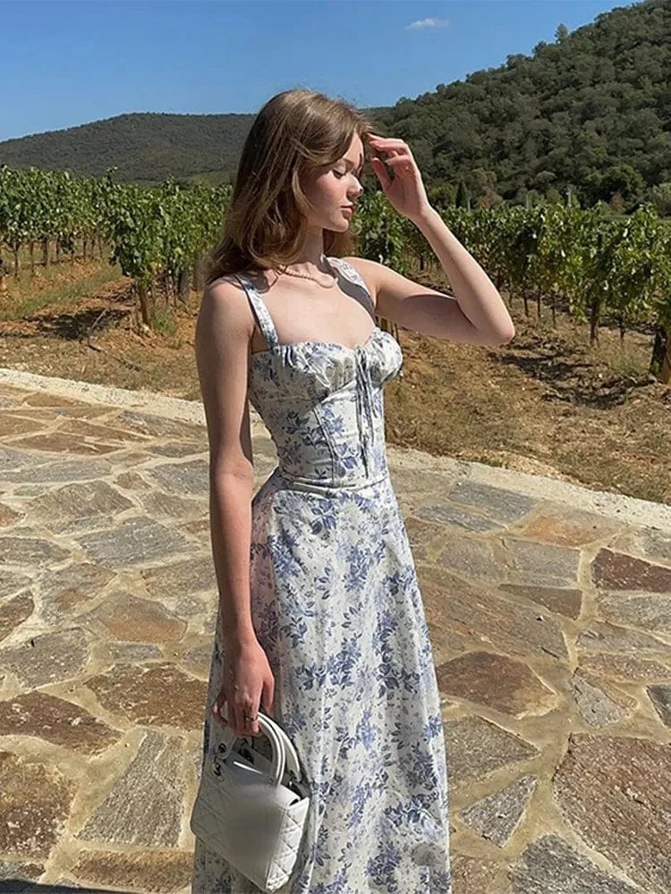 Robe midi bleu de Delft avec haut corset Ibiza Vibe