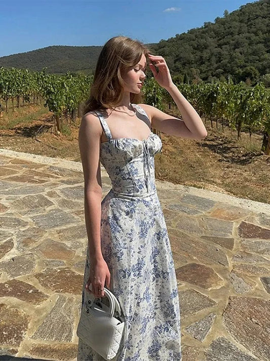 Robe midi bleu de Delft avec haut corset Ibiza Vibe