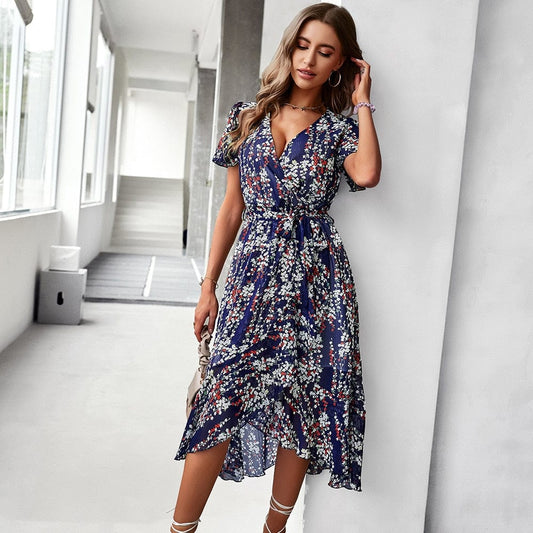 Robe midi bleu foncé à imprimé floral bohème Ibiza Vibe