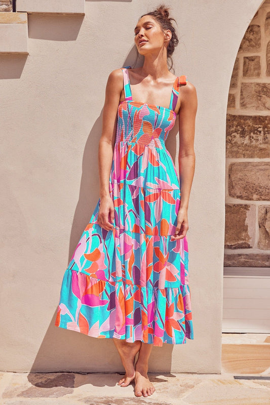 Robe midi bleue à imprimé floral orange Ibiza Vibe