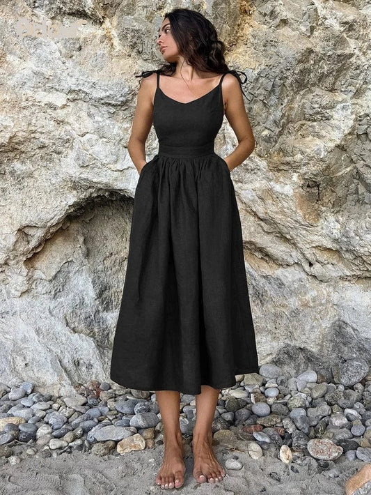 Robe midi en lin noir à bretelles spaghetti Ibiza Vibe