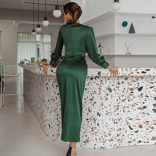 Robe midi en satin vert foncé à col en V Ibiza Vibe