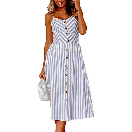 Robe midi estivale à rayures blanches et bleues Ibiza Vibe