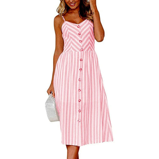 Robe midi estivale blanche à rayures roses Ibiza Vibe