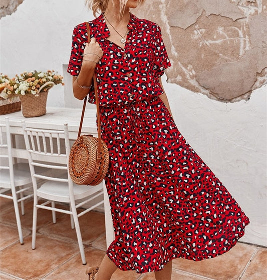 Robe midi rouge à imprimé léopard et col en V Ibiza Vibe