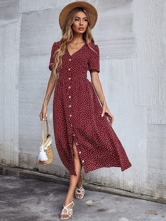 Robe midi rouge vin à col en V et imprimé bohème Ibiza Vibe