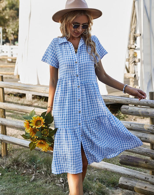 Robe midi style bohème à carreaux blancs et bleus Ibiza Vibe