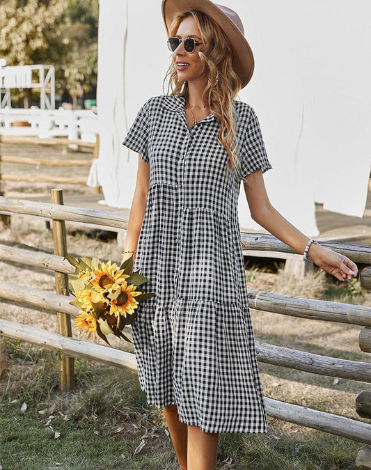 Robe midi style bohème à carreaux blancs et noirs Ibiza Vibe