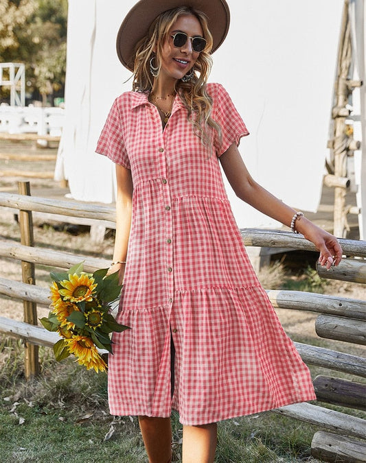 Robe midi style bohème à carreaux blancs et roses Ibiza Vibe