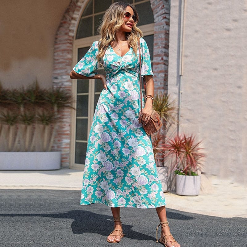 Robe midi turquoise à imprimé floral estival Ibiza Vibe