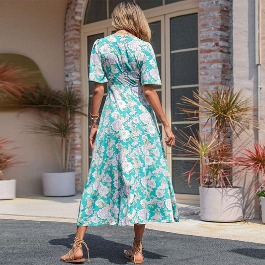 Robe midi turquoise à imprimé floral estival Ibiza Vibe