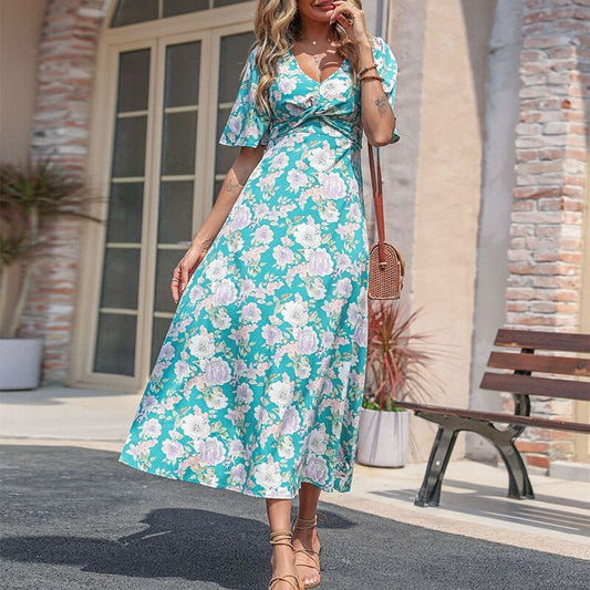 Robe midi turquoise à imprimé floral estival Ibiza Vibe