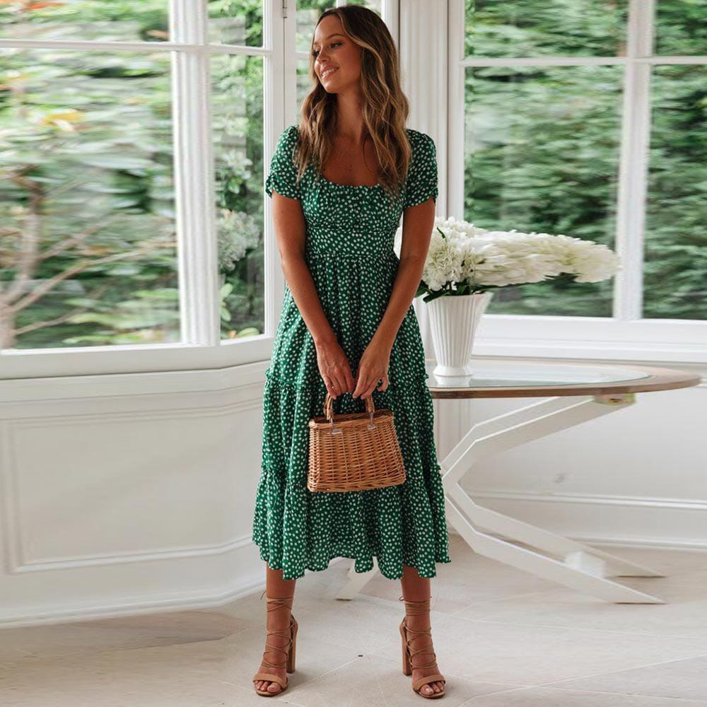 Robe midi verte bohème à manches courtes Ibiza Vibe
