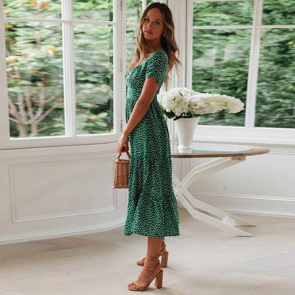 Robe midi verte bohème à manches courtes Ibiza Vibe