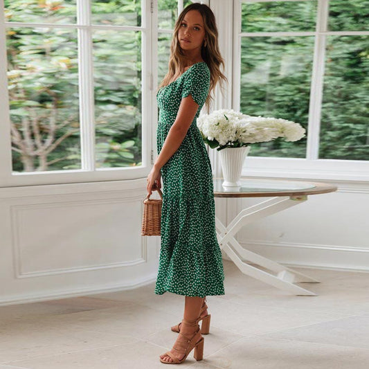 Robe midi verte bohème à manches courtes Ibiza Vibe