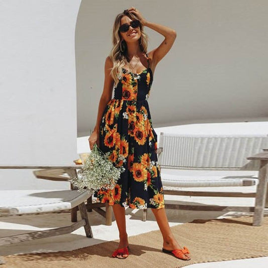 Robe noire bohème à imprimé tournesol Ibiza Vibe