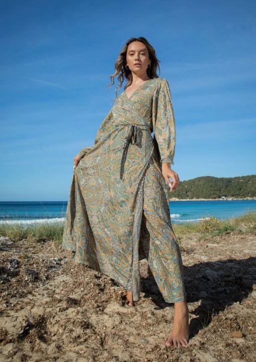 Robe portefeuille imprimée verte bohème style bohème Ibiza Vibe