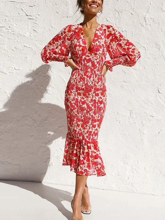 Robe rouge à manches longues avec imprimé élégant et col en V Ibiza Vibe