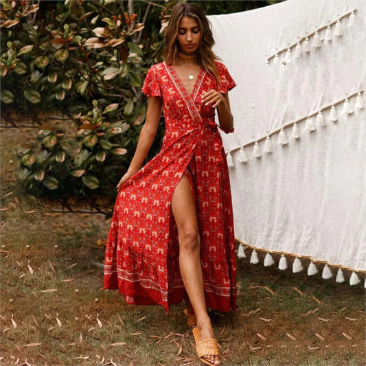 Robe rouge bohème à fente haute Ibiza Vibe