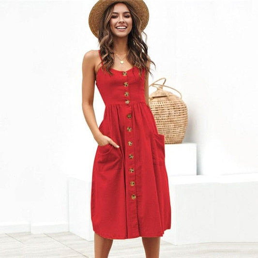 Robe rouge style bohème avec boutons décoratifs Ibiza Vibe