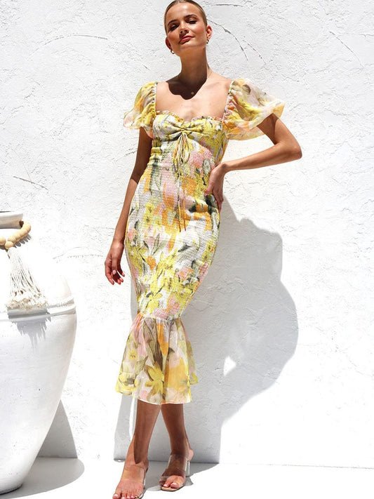 Robe sirène mi-longue jaune à manches bouffantes Ibiza Vibe