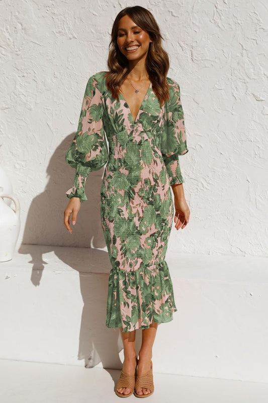 Robe verte à manches longues avec imprimé élégant et col en V Ibiza Vibe